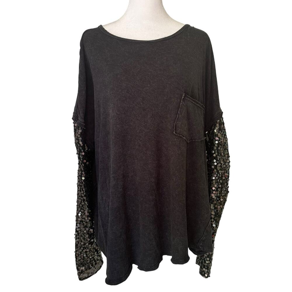 Sequin Sleeve Oversized Top - Black
